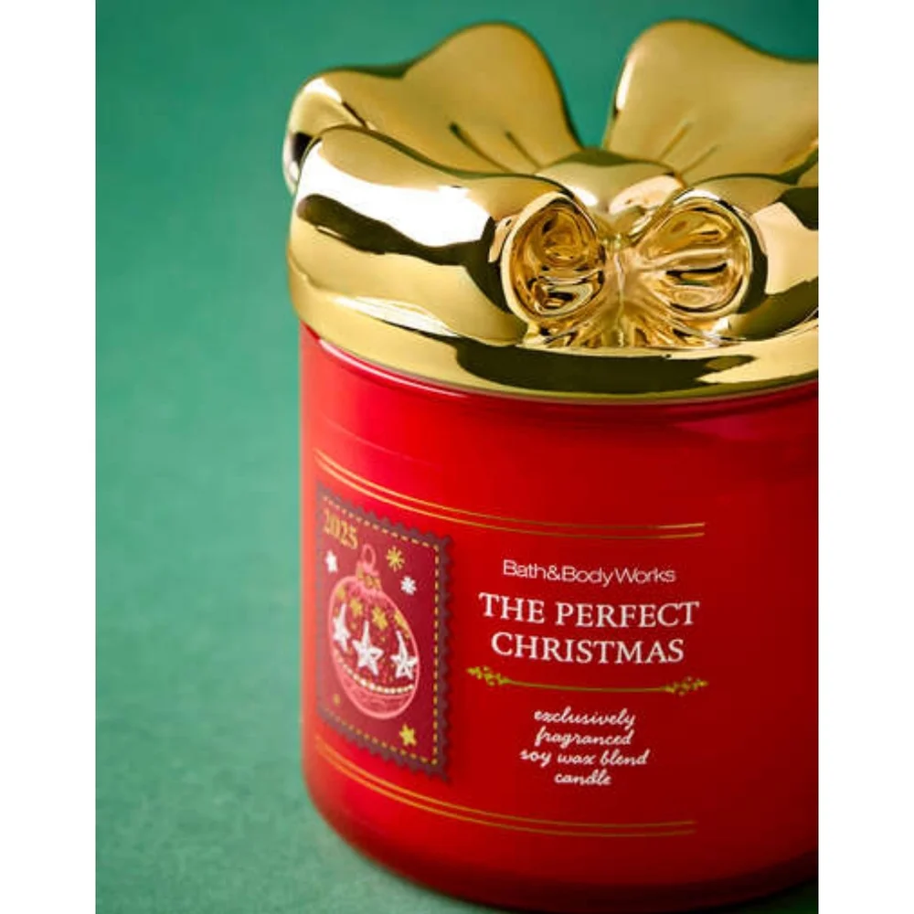 Bath Body Works The Perfect Christmas 3-Wick Candle with Fancy Gold Bow Lid NEW - Picture 3 of 4